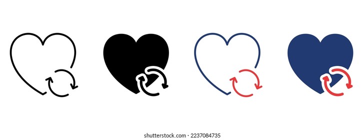 Trasplante y donación de corazón con conjunto de iconos de flecha. Pictograma de órganos de reciclaje y renovación. Icono de donación de corazón. Stroke editable. Ilustración de vectores aislados.