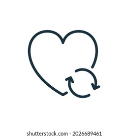 Transplant And Donate Of Heart With Arrow Line Icon. Recycle And Renovation Organ Linear Pictogram. Heart Donation Outline Icon. Editable Stroke. Isolated Vector Illustration.