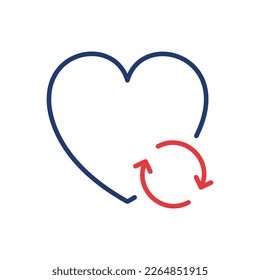 Transplant and Donate of Heart with Arrow Line Icon. Recycle and Renovation Organ Linear Pictogram. Heart Donation Outline Icon. Editable Stroke. Isolated Vector Illustration.