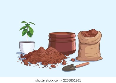 Transplant the houseplant into new large flower pot  A bag earth  shovel   pile soil  Vector illustration  Poster for home gardening magazine shop  spring courtship