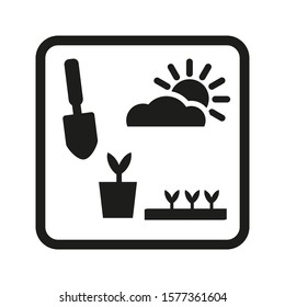 Transplanting Instructions, Plant Bed Vector Flat Icon With Planter, Trowel Partial Sun, Shade Outdoor Conditions.