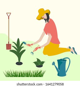 Transplanting. Woman kneeling plant a plant, watering can, spade - vector. Spring. Garden work.