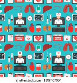 Transplatation Human organ flat seamless design set.Online doctor consultation.Vector illustration