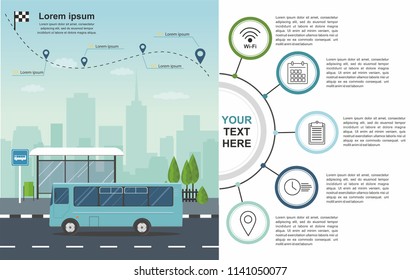 Transporation infographic Bus at the bus stop on background of city