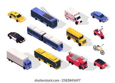 Transport 3d isometric mega set in flat design. Collection isometry elements of taxi car, trolleybus, ambulance, police auto, tram, school bus, scooter, bicycle, truck, other. Vector illustration.