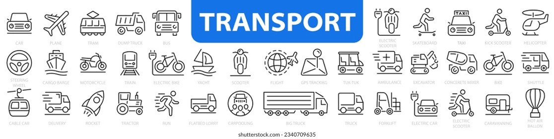 Transport 40 icon set. Vehicle icons. Delivery elements collection. Car, Bus, Track, Scooter, Plane, Train, Bike, Helicopter and more. Vector illustration.