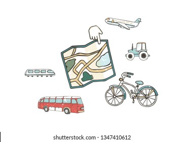 Transport 8 icons. Trasportation Vintage Flat color Concept. Airplane, car, bike. Hand drawn illustration, grunge style texture clip art on white background