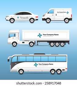 Transport advertisement set with car van truck and tourist bus with advertising signs isolated vector illustration