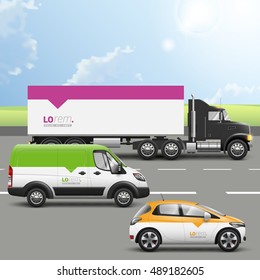 Transport advertising design with color shapes. Templates of the truck, bus and passenger car. Corporate identity