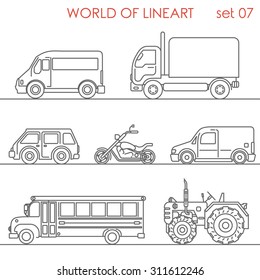 Transport aerial road moto tractor school bus graphical linear style icon set. Road automotive. Line-art world collection.