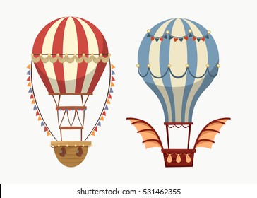 Transport air balloon with balance and lights, wings. Old flying airship, vintage or retro air balloon outdoor view, cartoon striped air transport.Journey and travel, sport and tourism expedition logo