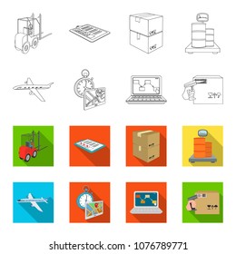 Transport aircraft, delivery on time, computer accounting, control and accounting of goods. Logistics and delivery set collection icons in outline,flat style isometric vector symbol stock illustration