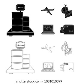 Transport aircraft, delivery on time, computer accounting, control and accounting of goods. Logistics and delivery set collection icons in black,outline style isometric vector symbol stock
