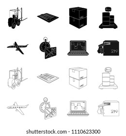 Transport aircraft, delivery on time, computer accounting, control and accounting of goods. Logistics and delivery set collection icons in black,outline style isometric vector symbol stock