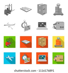 Transport aircraft, delivery on time, computer accounting, control and accounting of goods. Logistics and delivery set collection icons in monochrome,flat style isometric vector symbol stock