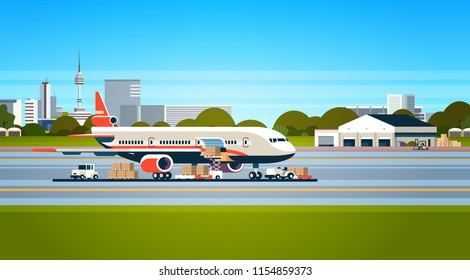 transport airplane express delivery preparing flight aircraft airport air cargo international transportation concept forklift loading parcel boxes flat horizontal vector illustration