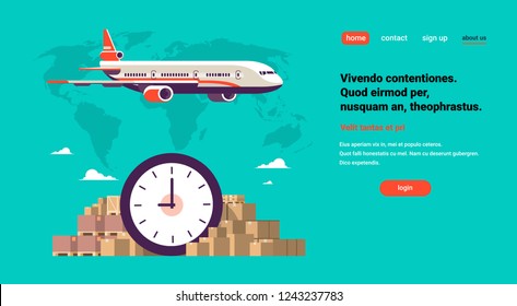 Transport airplane express delivery punctuality shipping parcel packages.  international transportation concept. World map background with flat horizontal copy space.