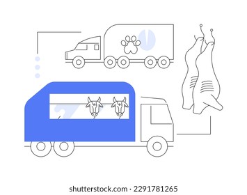 Transport of animals abstract concept vector illustration. Animal transport, inside plastic cage, horses in transit, truck trailer on countryside, flock of sheep, slaughterhouse abstract metaphor.