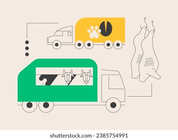 Transport of animals abstract concept vector illustration. Animal transport, inside plastic cage, horses in transit, truck trailer on countryside, flock of sheep, slaughterhouse abstract metaphor.