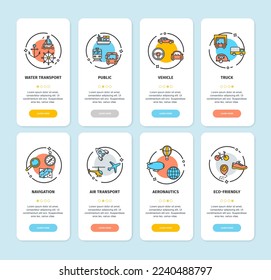 Transport App Screens Cards Set Include of Navigation, Aeronautics, Truck, Vehicle, Eco Friendly, Public, Water and Air Transport . Vector illustration of Card