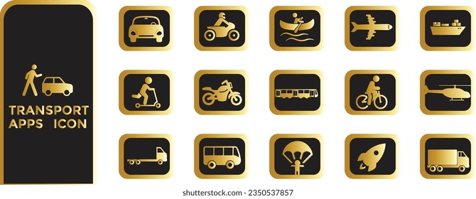Transport  apps black golden gradient icon set. Containing car, bike, plane, train, bicycle, motorbike, bus and scooter icons. Solid black golden gradient icon collection.
