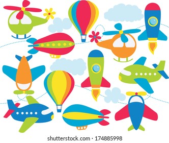 Transport - aviation, air planes, space shuttles, hot air balloons