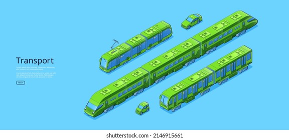 Transport banner with cargo trains with locomotive, tanks and platforms. Vector poster of freight railway transportation with isometric illustration of trains with flatcars and cisterns