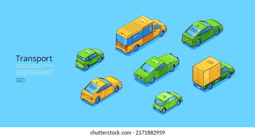 Transportbanner mit isometrischen Autos, Lastwagen und Bus. Vektorhorizontales Poster mit flacher Illustration von Personenkraftwagen, Minibus und Lastkraftwagen einzeln auf blauem Hintergrund