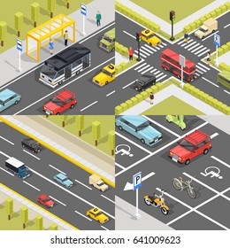 Transport banners set of square isometric compositions with city streets traffic area crossing intersection and parking vector illustration