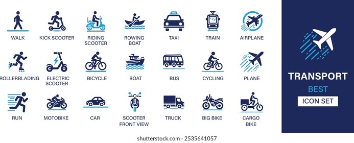 Transporte melhor coleção de conjunto de ícones sólidos. Caminhe, chute scooter, montando scooter, barco de remo, táxi, trem, avião, rollerblading, bicicleta, ônibus e ilustração vetorial.
