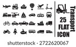 Transport black flat icon set of 25 vehicles airplane car ship bus truck scooter and submarine for web and mobile design