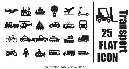 Transport black flat icon set of 25 vehicles airplane car ship bus truck scooter and submarine for web and mobile design