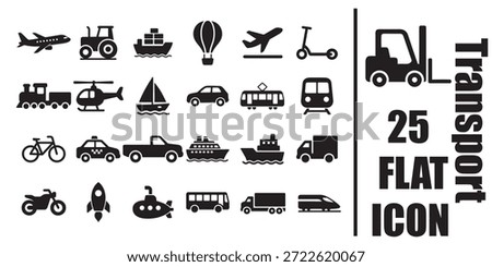 Transport black flat icon set of 25 vehicles airplane car ship bus truck scooter and submarine for web and mobile design