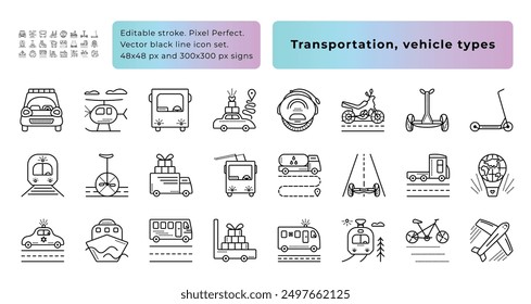 Transport black line icon set, 24 vector signs of vehicle types, 48x48 px (editable stroke, pixel perfect) and 300x300 px pictograms (not editable stroke)
