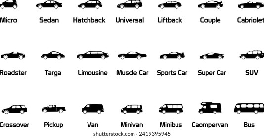 Transport von Schwarzweiß-Symbolen. Autotyp und Modell Objekte Symbole Set . Vektorschwarze Illustration einzeln auf weißem Hintergrund mit Schatten. Varianten der Karosserie Silhouette für Web.