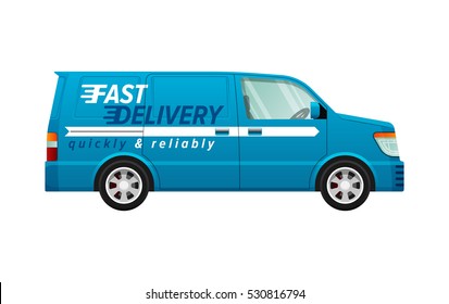 Transport. Blue Delivery Minivan With A White Line. Fast And Reliable Four-wheeled Mean Of Transportation. Side View Of Car With Four Silver Discus In Black Frame. Front And Back Headlights. Vector