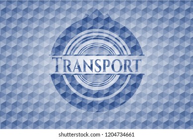 Transport blue emblem or badge with abstract geometric polygonal pattern background.