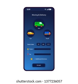 Transport booking smartphone interface vector template. Mobile app page blue design layout. Vehicle moving, delivery tracker screen. Flat UI for application. Online car, van, truck rent. Phone display