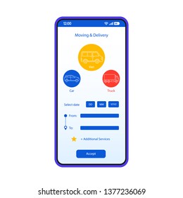 Transport booking smartphone interface vector template. Mobile app page white design layout. Vehicle moving, delivery tracking screen. Flat UI for application. Online car rent service. Phone display