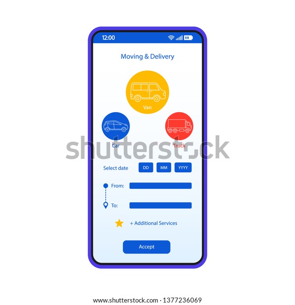 Transport booking smartphone interface vector\
template. Mobile app page white design layout. Vehicle moving,\
delivery tracking screen. Flat UI for application. Online car rent\
service. Phone\
display