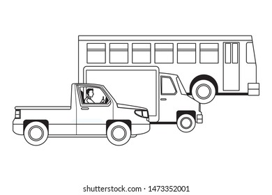 Transport and bus cargo truck and pick up vehicles riding cartoon vector illustration graphic design.