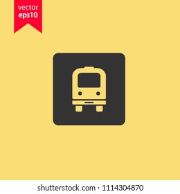 Transport bus vector icon. Bus front view icon. Vehicle icon. Yellow background. EPS 10 vector sign.