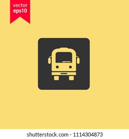 Transport bus vector icon. Bus front view icon. Vehicle icon. Yellow background. EPS 10 vector sign.
