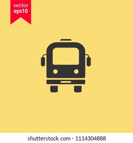 Transport bus vector icon. Bus front view icon. Vehicle icon. Yellow background. EPS 10 vector sign.
