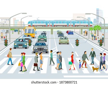 Transport by elevated train, bus and road traffic Illustration