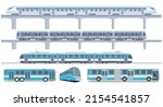 Transport by train and bus, public transport transportation, set illustration