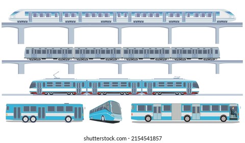 Transport by train and bus, public transport transportation, set illustration