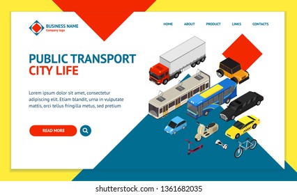 Transport Car 3d Landing Web Page Template Isometric View Include of Bus, Truck, Taxi, Motor and Van. Vector illustration of Icon