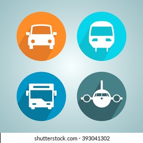 Transport Car Bus Plane Train Flat Modern Circle Icon Set