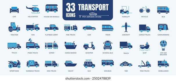 Transport and car related icons: thin vector icon set, black and white kit